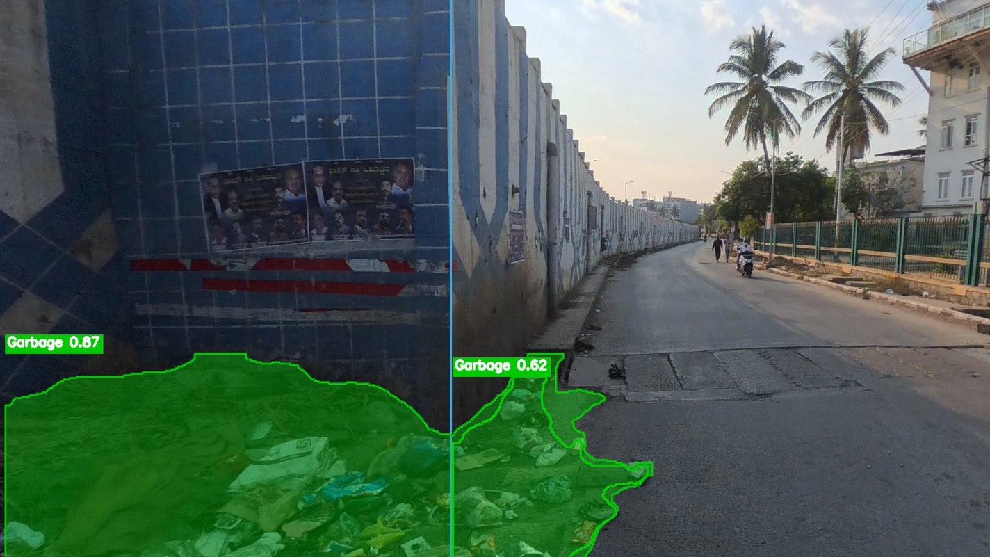 Two garbage piles against a tiled wall, outlined in green